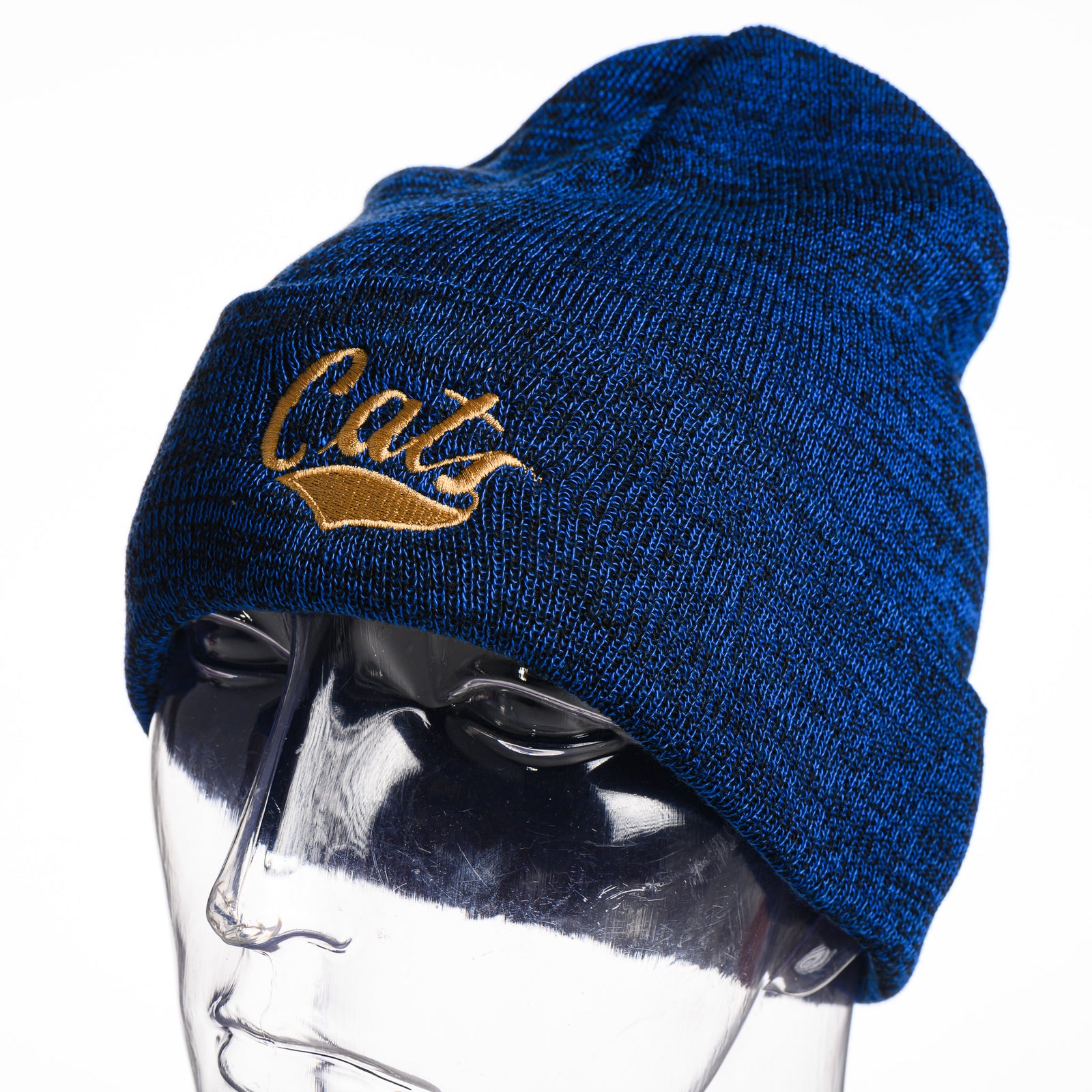 3/4 view of a blue MSU Cats Script - Blue Knit Cuff Beanie made in Montana (home of the MSU Cats) by Blue Peak Creative—a heathered dark blue knit beanie with a cuff, embroidered with a gold Cats script 