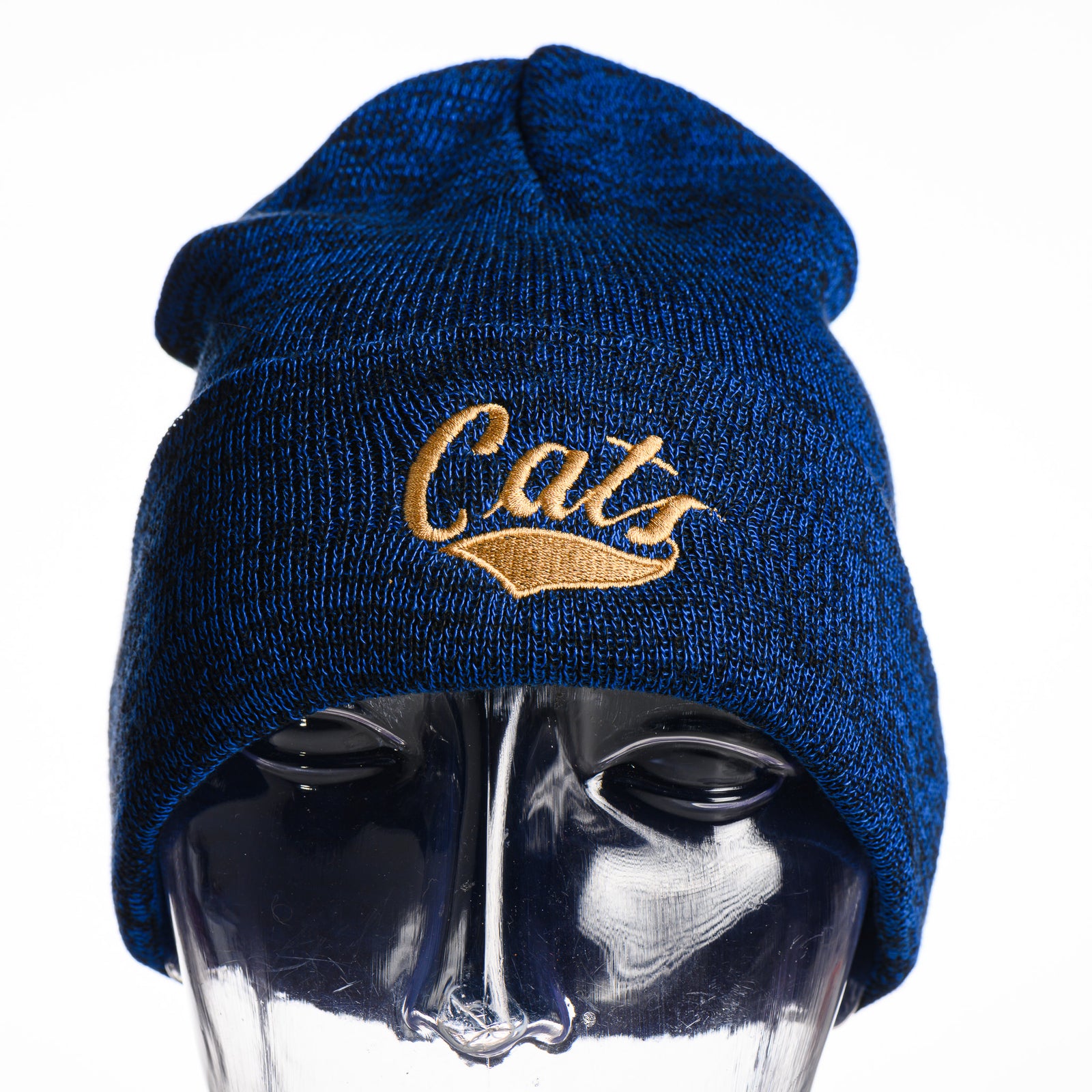 Front view of a blue MSU Cats Script - Blue Knit Cuff Beanie made in Montana (home of the MSU Cats) by Blue Peak Creative—a heathered dark blue knit beanie with a cuff, embroidered with a gold Cats script 