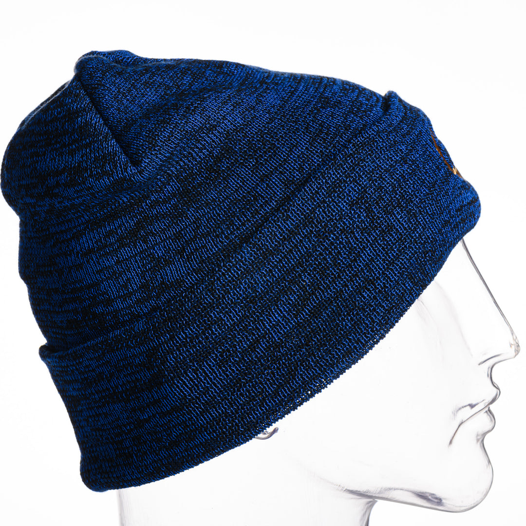 Side view of a blue MSU Cats Script - Blue Knit Cuff Beanie made in Montana (home of the MSU Cats) by Blue Peak Creative—a heathered dark blue knit beanie with a cuff, embroidered with a gold Cats script 