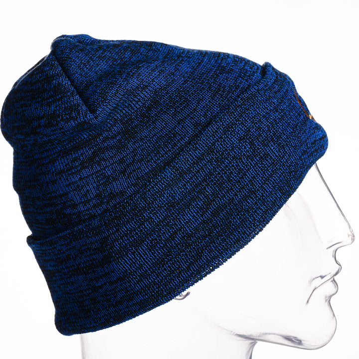 Side view of a blue MSU Cats Script - Blue Knit Cuff Beanie made in Montana (home of the MSU Cats) by Blue Peak Creative—a heathered dark blue knit beanie with a cuff, embroidered with a gold Cats script 