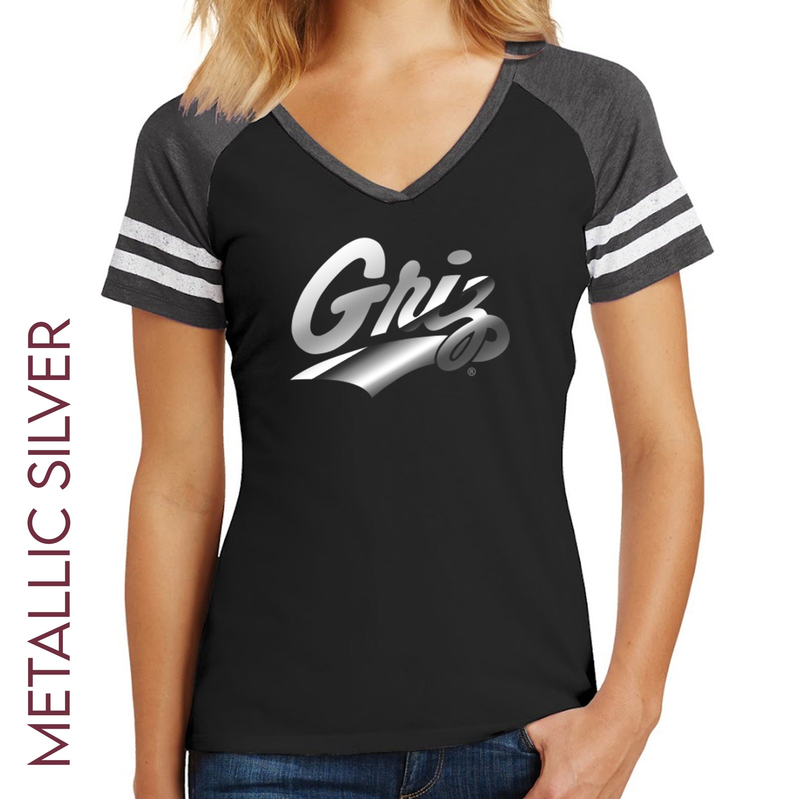 Black Metallic Griz Script - Ladies' Raglan Short Sleeve V-Neck T-shirt made in Missoula, MT (home of the UM Grizzlies) by Blue Peak Creative—a black ladies' raglan V-neck t-shirt printed with the University of Montana Griz script in dazzling metallic silver.
