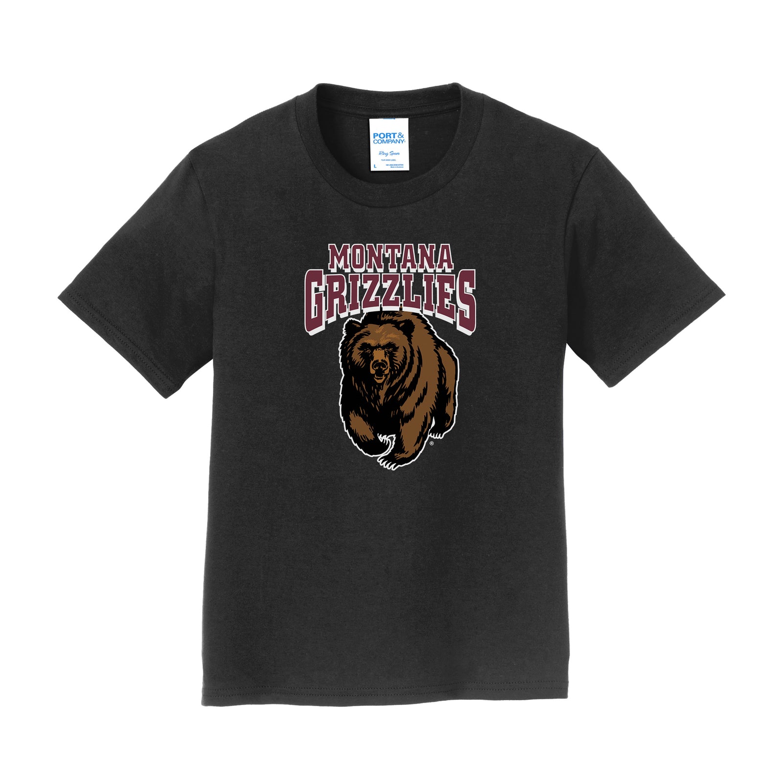 Black Montana Grizzlies Charging Bear - Youth Cotton T-shirt made in Missoula, MT (home of the UM Grizzlies) by Blue Peak Creative—a black cotton youth-sized tee printed with the University of Montana charging bear design.