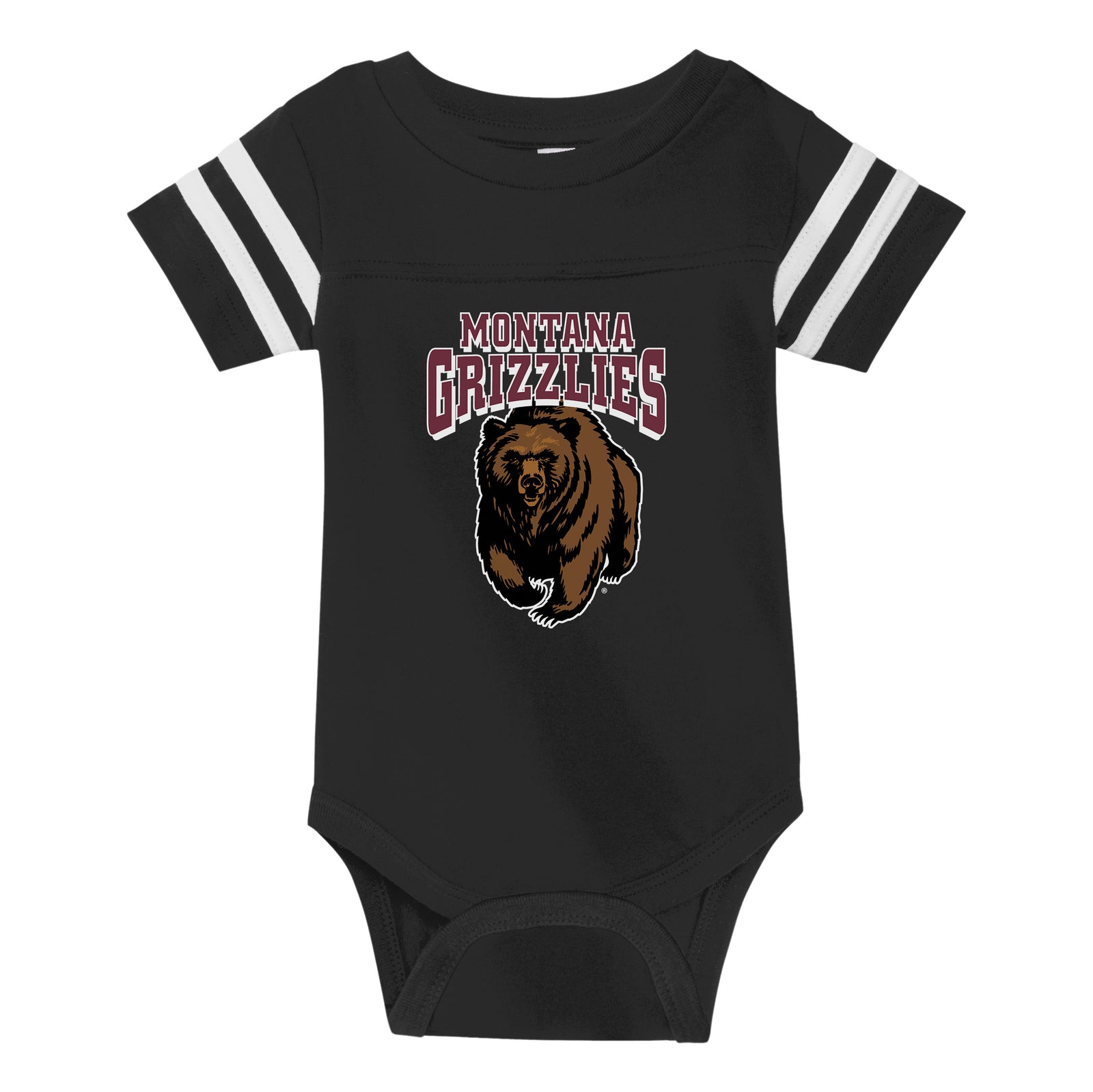 Black Montana Grizzlies Charging Bear Onesie - Infant Black Body Suit made in Missoula, MT (home of the UM Grizzlies) by Blue Peak Creative—a black infant onesie/ body suit printed with the Montana Grizzlies Charging Bear design.