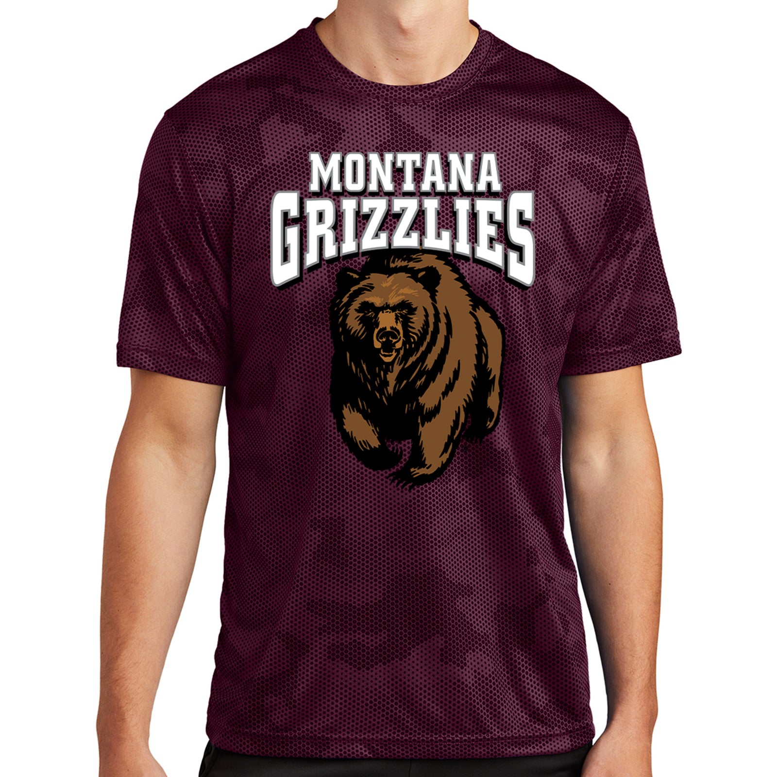 Maroon Montana Grizzlies Charging Bear Performance CamoHex T-shirt made in Missoula, MT (home of the UM Grizzlies) by Blue Peak Creative—a camouflage maroon performance tee printed with the Montana Grizzlies charging bear design