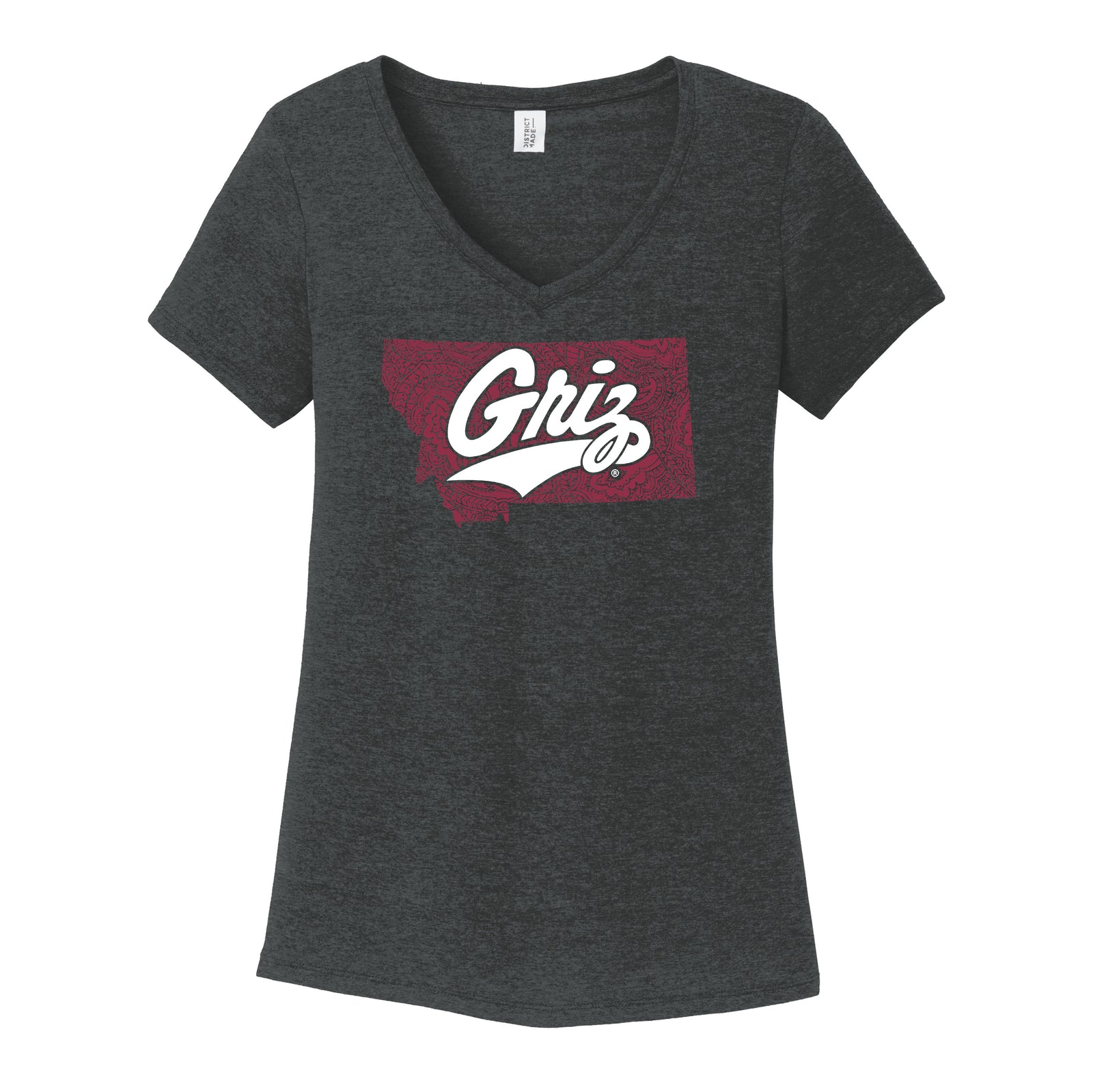 Black Paisley Montana Griz Script - Ladies' Tri-Blend V-Neck T-shirt made in Missoula, MT (home of the UM Grizzlies) by Blue Peak Creative—a black tri-blend v-neck tee printed with a white University of Montana Griz script centered in a paisley-filled maroon Montana state silhouette.