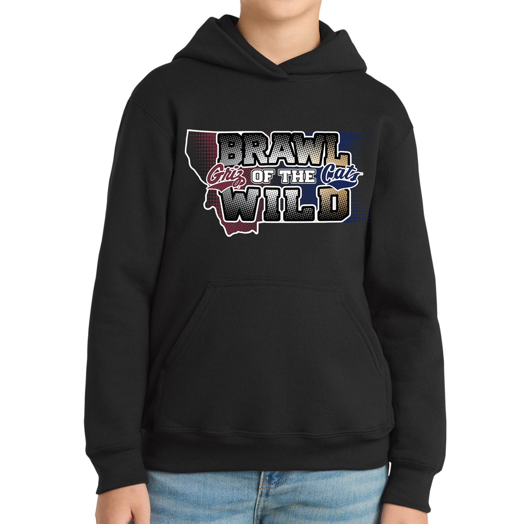 Black youth hoodie with UM Griz and MSU Bobcats 'Brawl of the Wild' text on a white background