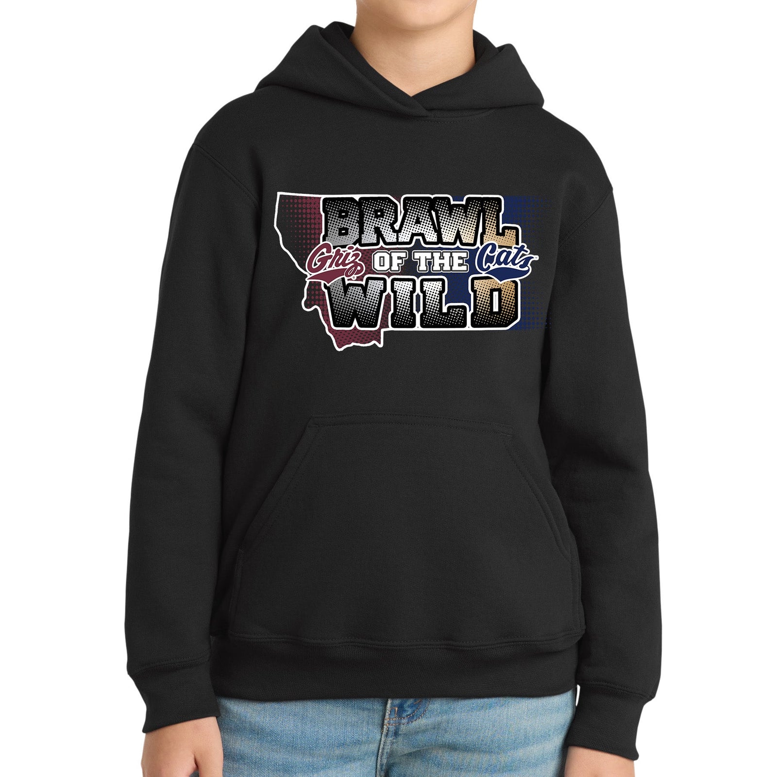 Black youth hoodie with UM Griz and MSU Bobcats 'Brawl of the Wild' text on a white background
