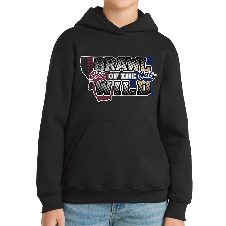 Black youth hoodie with UM Griz and MSU Bobcats 'Brawl of the Wild' text on a white background