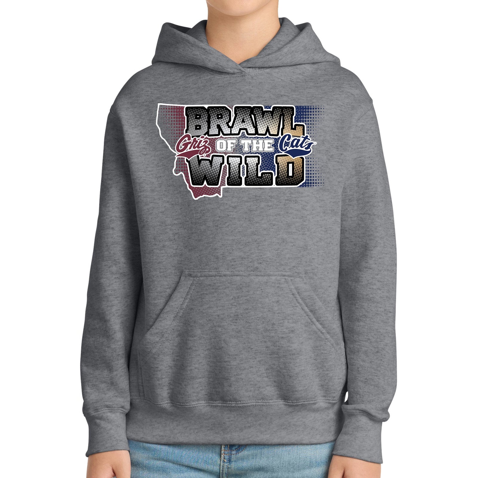 Gray youth hoodie with UM Griz and MSU Bobcats 'Brawl of the Wild' text on a white background