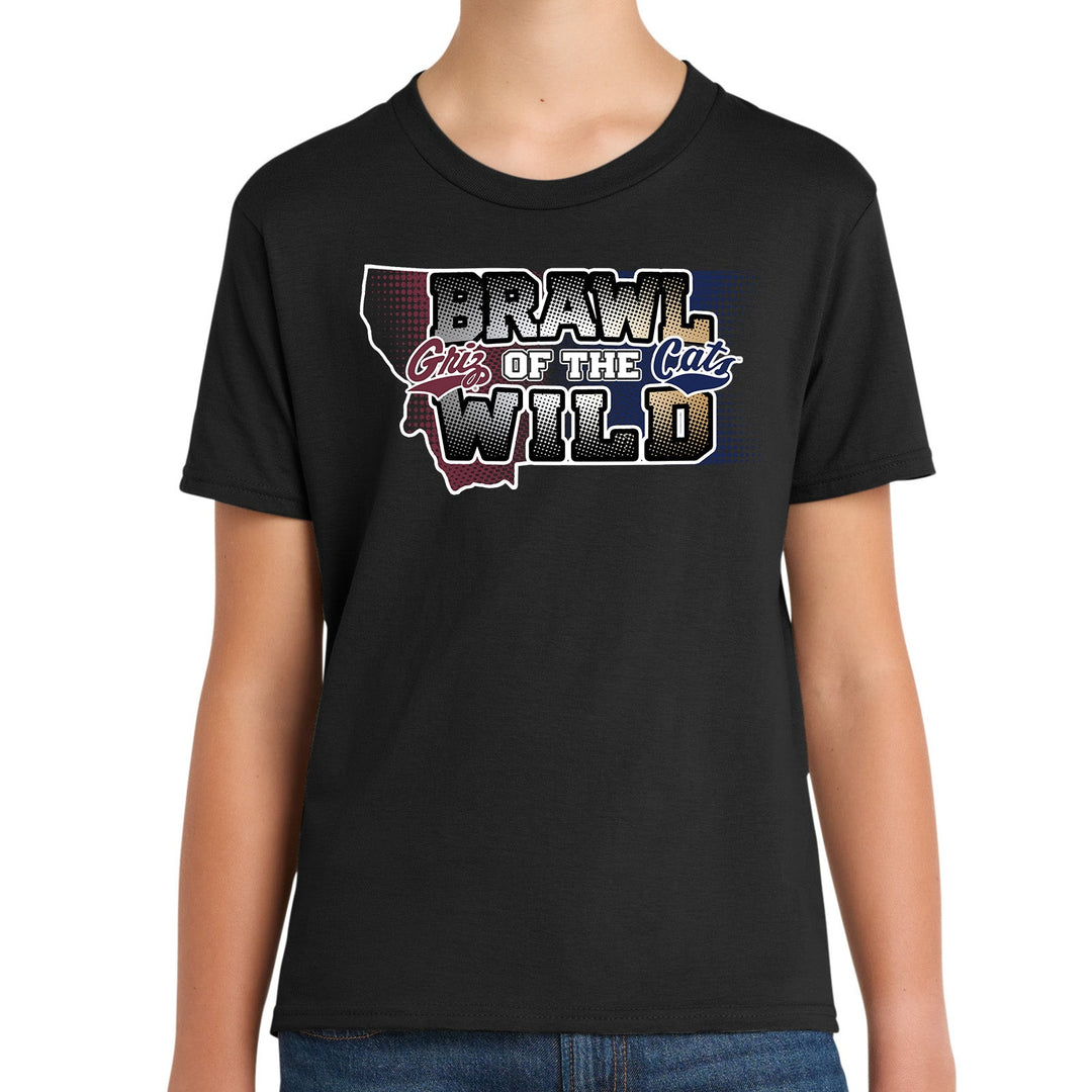 Black youth t-shirt with UM Griz and MSU Bobcats 'Brawl City of the Wild' graphic design on a white background