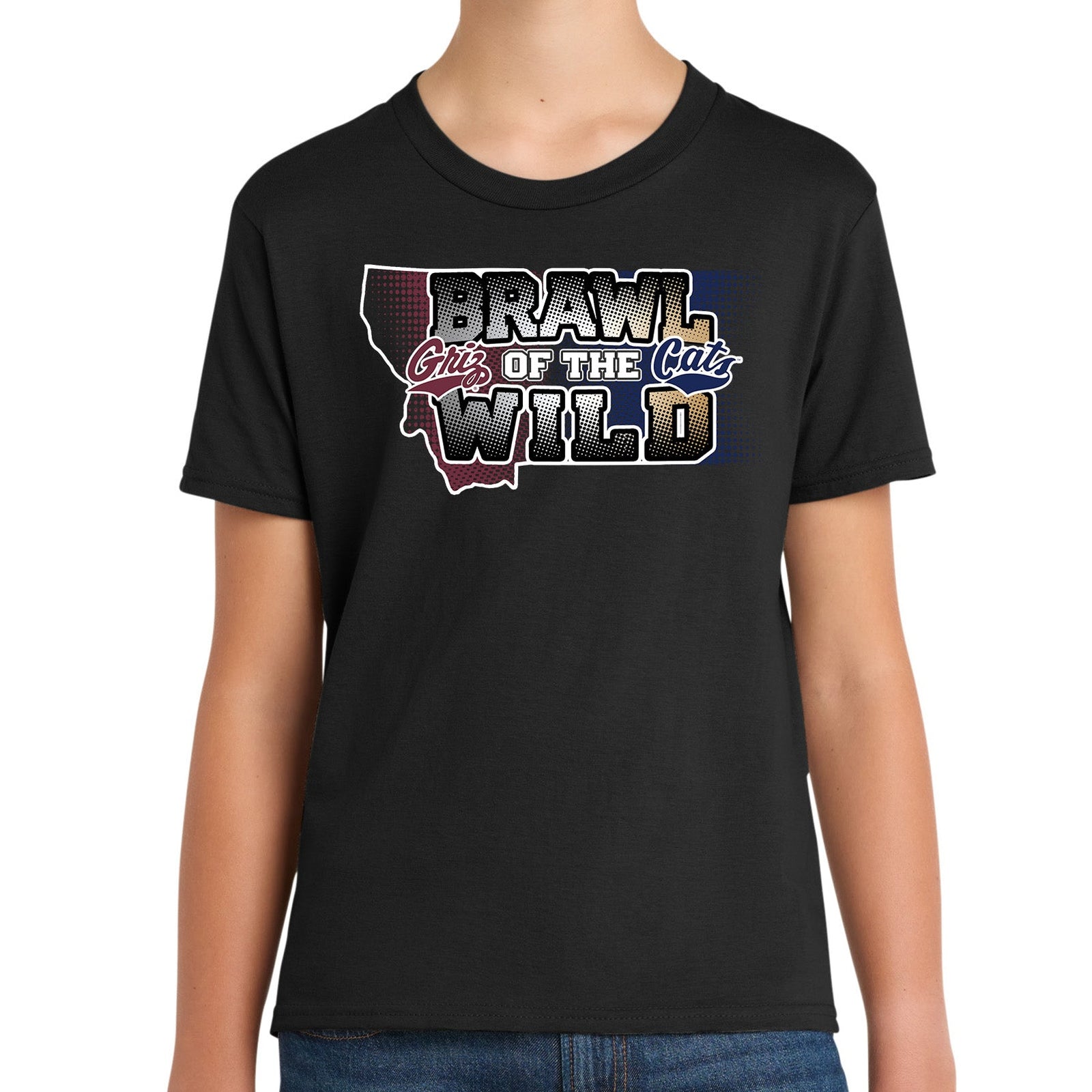 Black youth t-shirt with UM Griz and MSU Bobcats 'Brawl City of the Wild' graphic design on a white background
