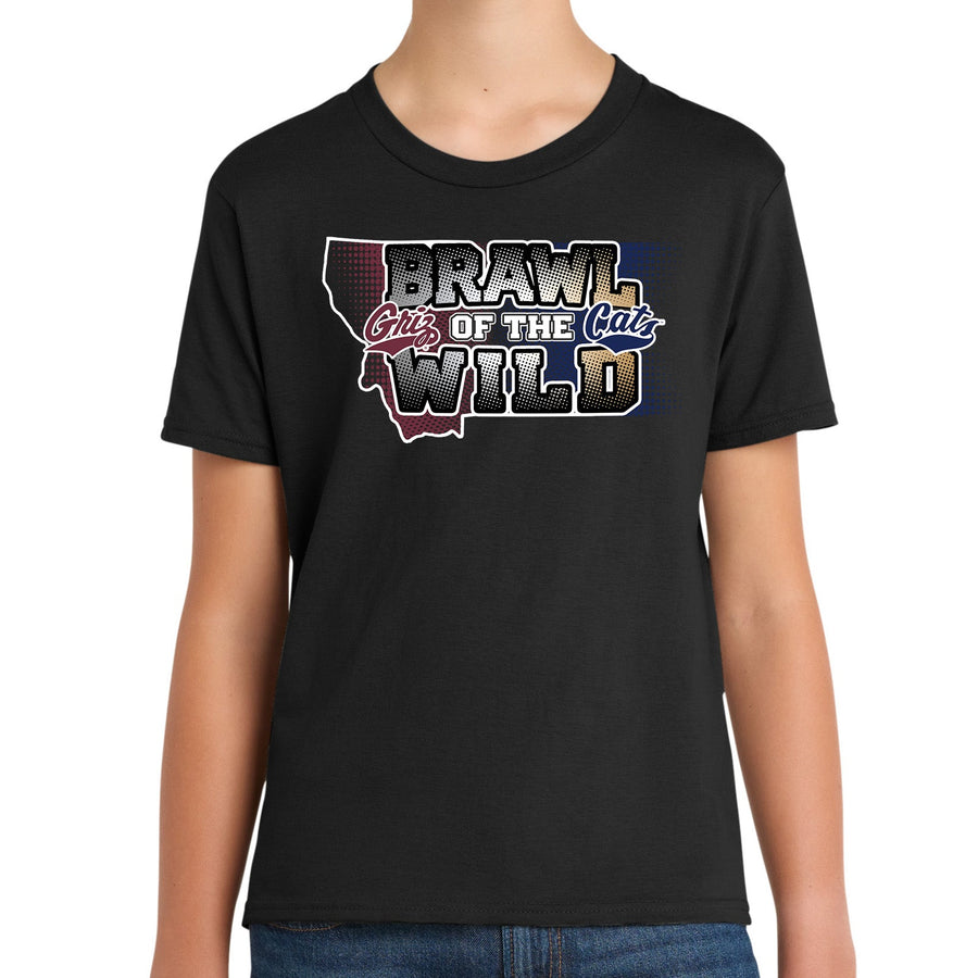 Black youth t-shirt with UM Griz and MSU Bobcats 'Brawl City of the Wild' graphic design on a white background