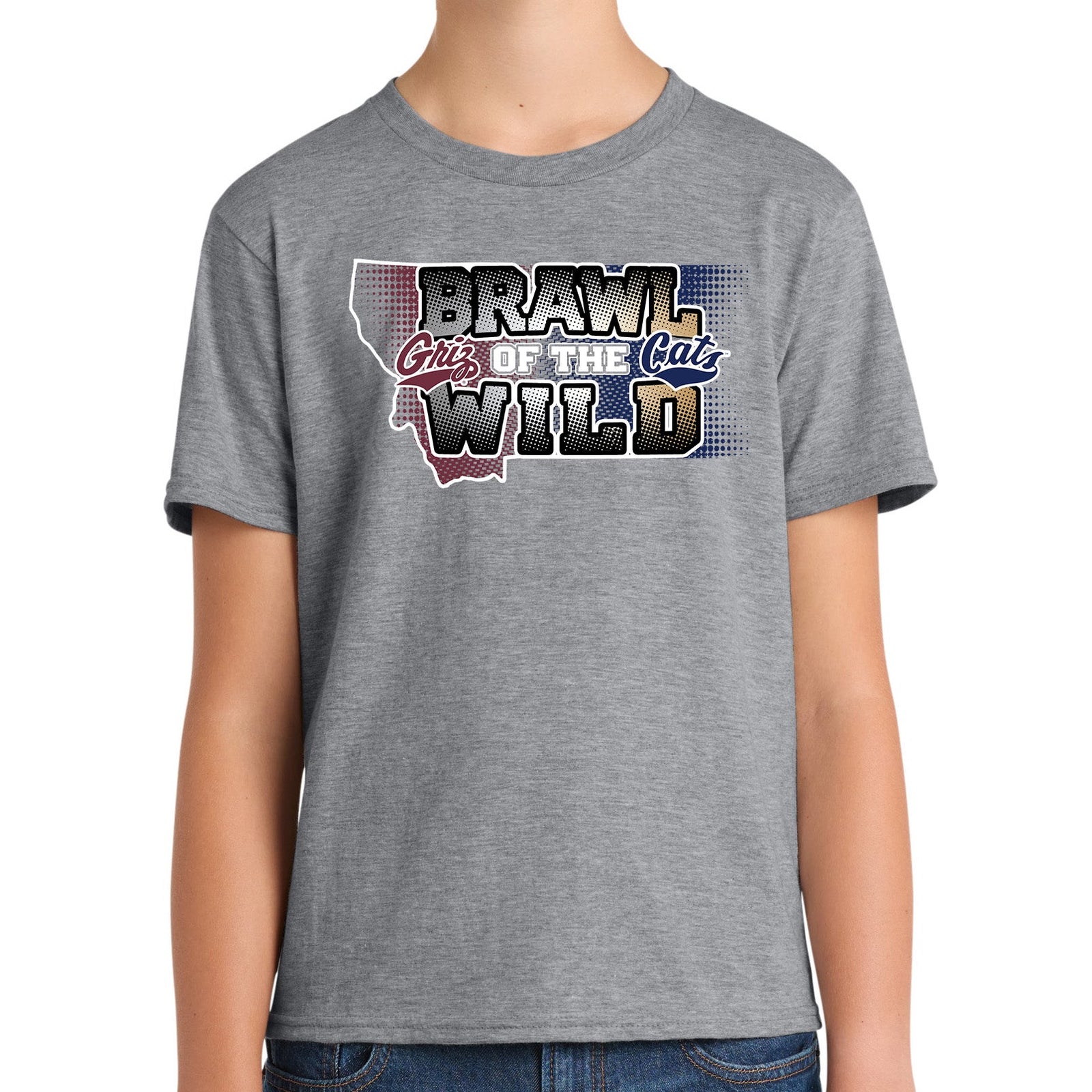 Gray youth t-shirt with UM Griz and MSU Bobcats 'Brawl of the Wild' graphic on a white background