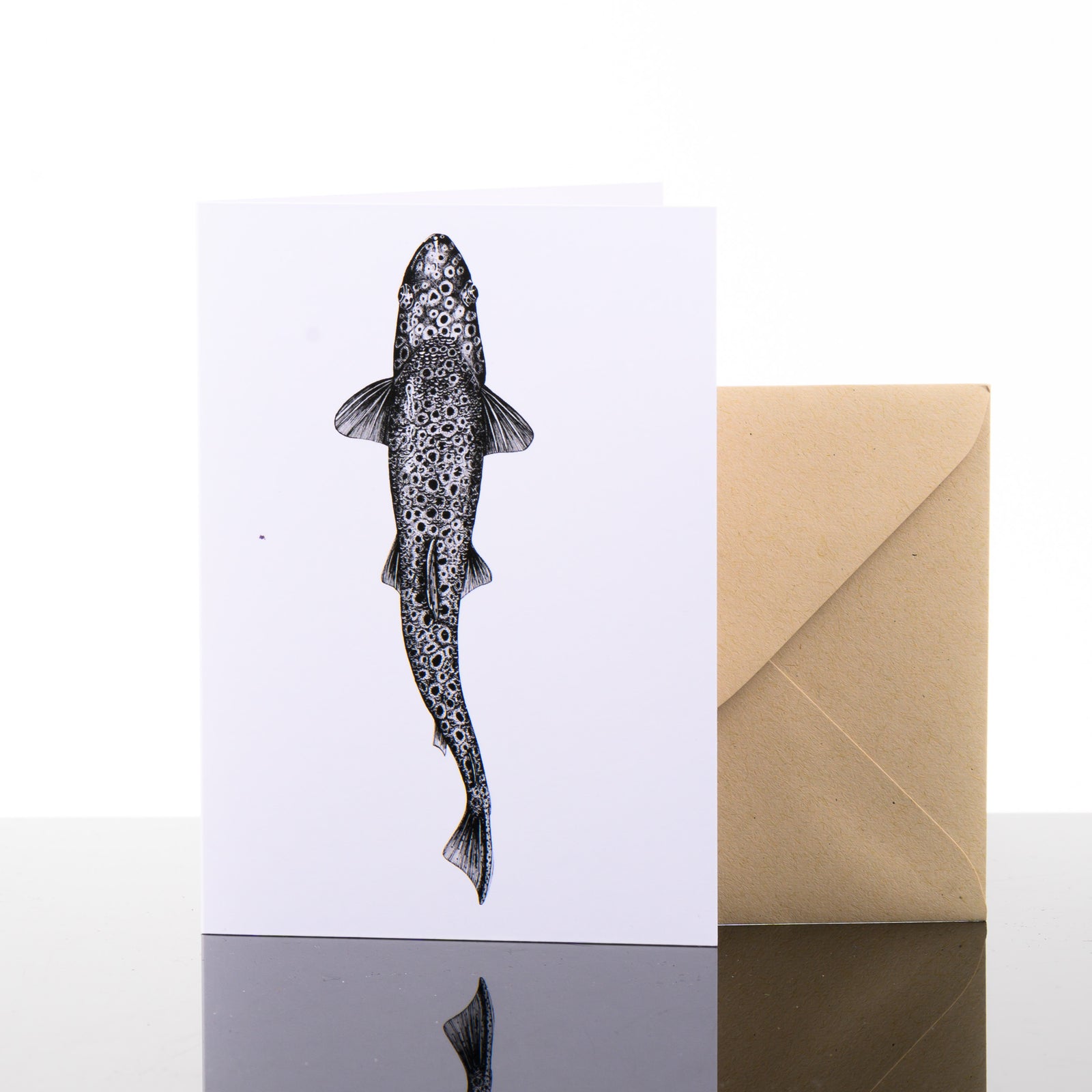 Blank greeting card featuring original black and white artwork by Brittany Finch - a swimming brown trout, viewed from above - and kraft brown envelope by Brittany Finch Art in Montana