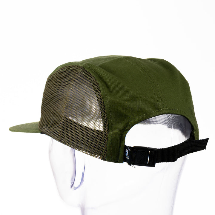 Back of a green adjustable mesh-sided cap with a patch featuring original black and white artwork by Brittany Finch -  a swimming brown trout viewed from above -  made in Montana by Brittany Finch Art and displayed on a mannequin head 