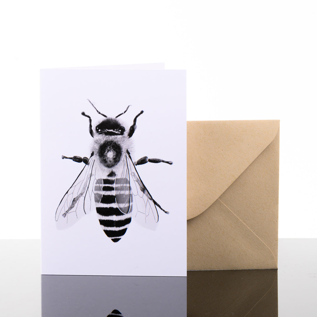 Blank greeting card featuring original black and white artwork by Brittany Finch - an incredibly detailed honey bee - and kraft brown envelope by Brittany Finch Art in Montana