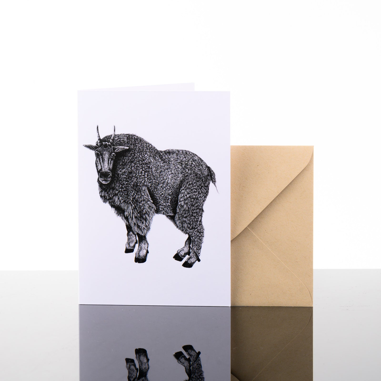 Blank greeting card featuring original black and white artwork by Brittany Finch - a mountain goat turned to look at the viewer - and kraft brown envelope by Brittany Finch Art in Montana