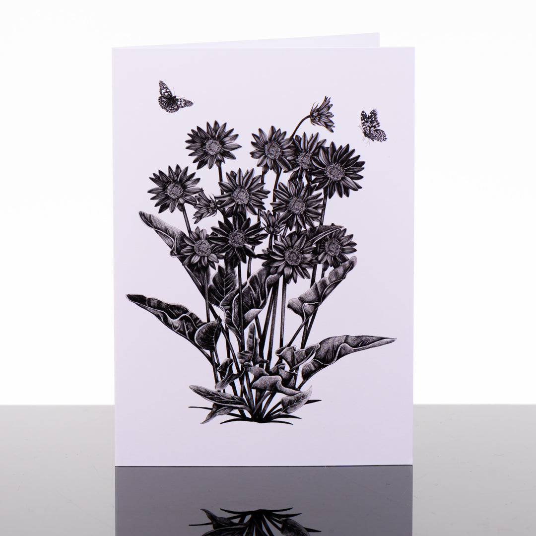 Blank greeting card featuring original black and white artwork by Brittany Finch - an arrowleaf balsamroot plant and a pair of hovering butterflies - made in Montana by Brittany Finch Art