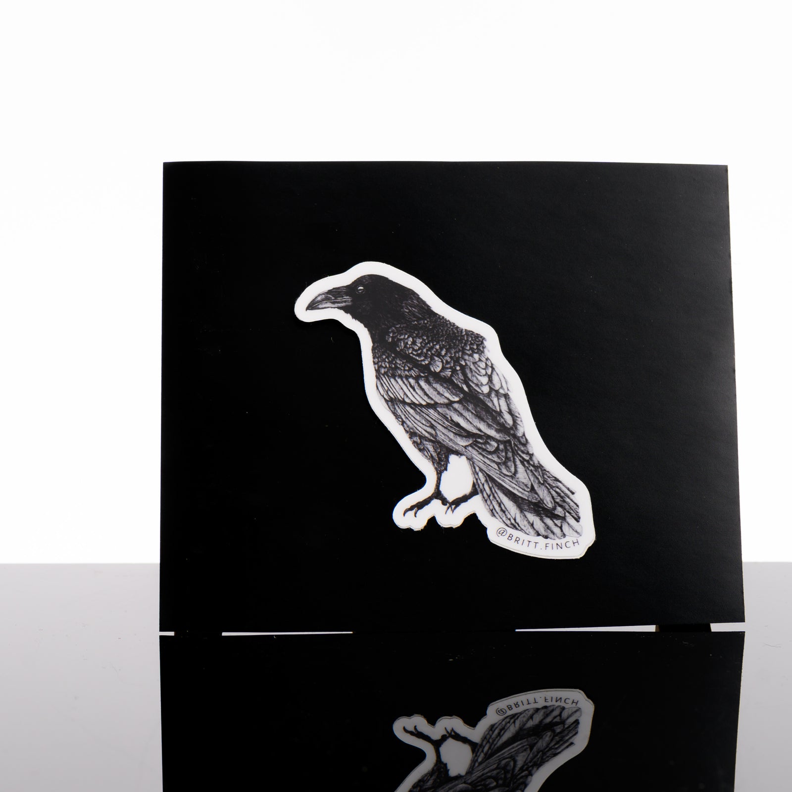 Black and white vinyl sticker featuring original artwork of a raven in profile, made in Montana by Brittany Finch Art
