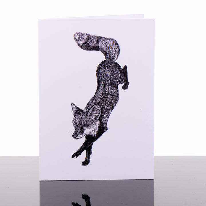Blank greeting card featuring original black and white artwork by Brittany Finch - a dynamic red fox, on a descending leap - by Brittany Finch Art in Montana