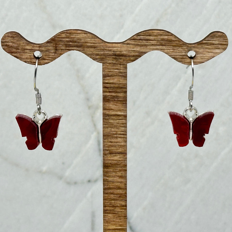Butterfly Earrings with Stainless Steel Wires made in Montana by Woodland Goth Creations, red