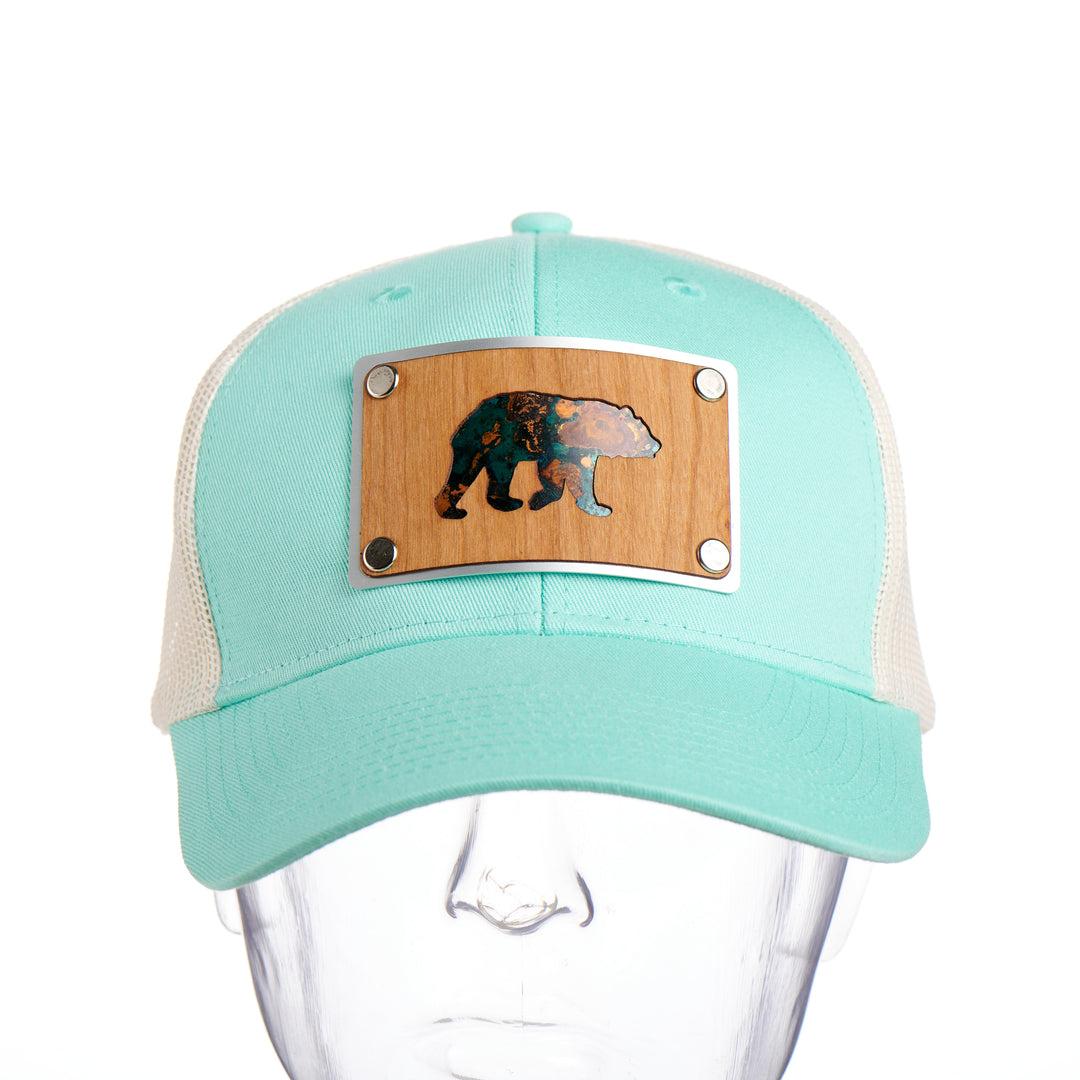 Cherry Wood & Teal Copper Bear on Low Profile Teal Trucker Hat