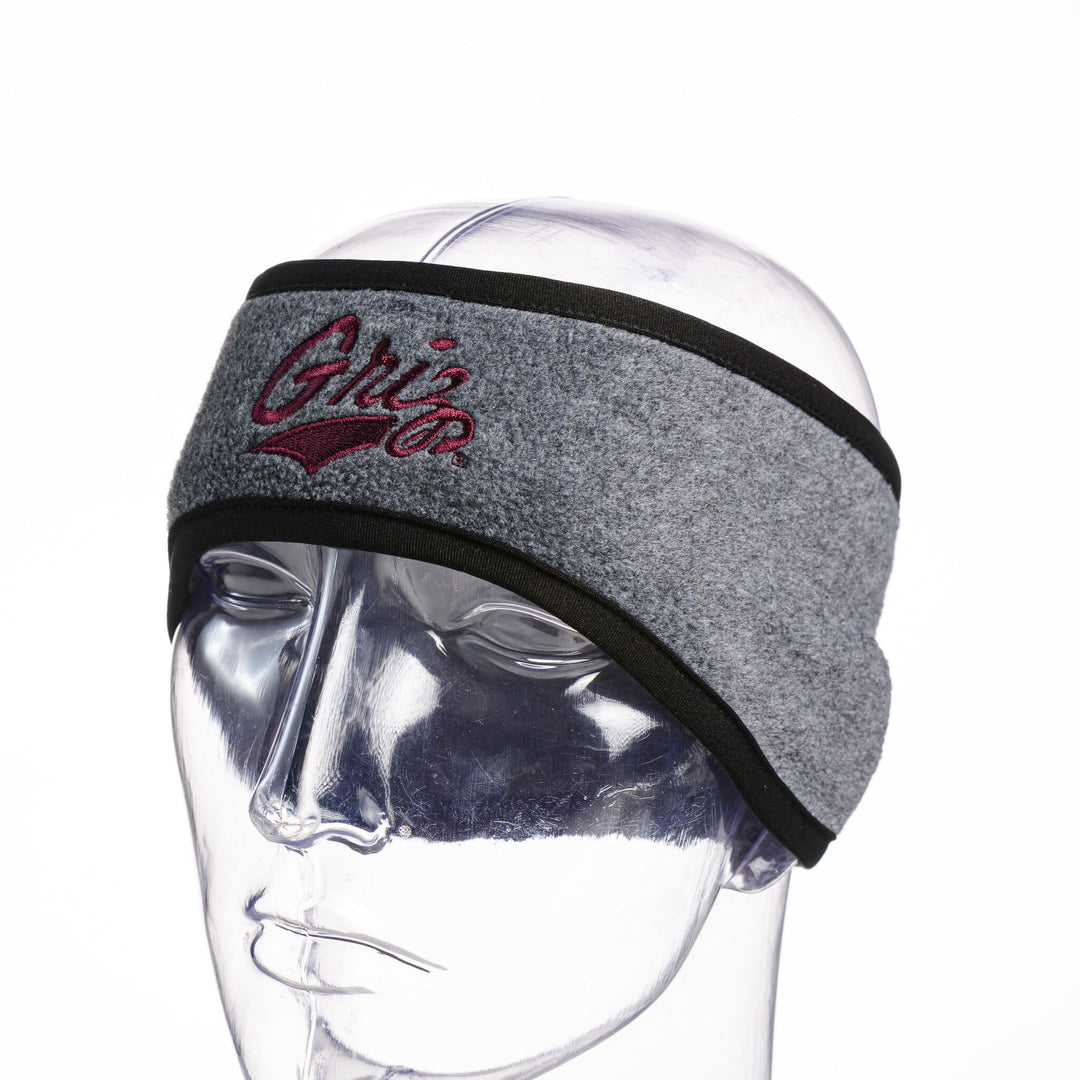Blue Peak Creative's grey and black fleece headband embroidered with maroon Griz Script, front