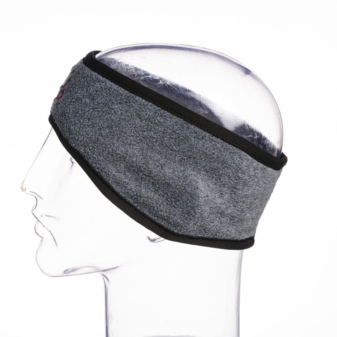 Blue Peak Creative's grey and black fleece headband embroidered with maroon Griz Script, side