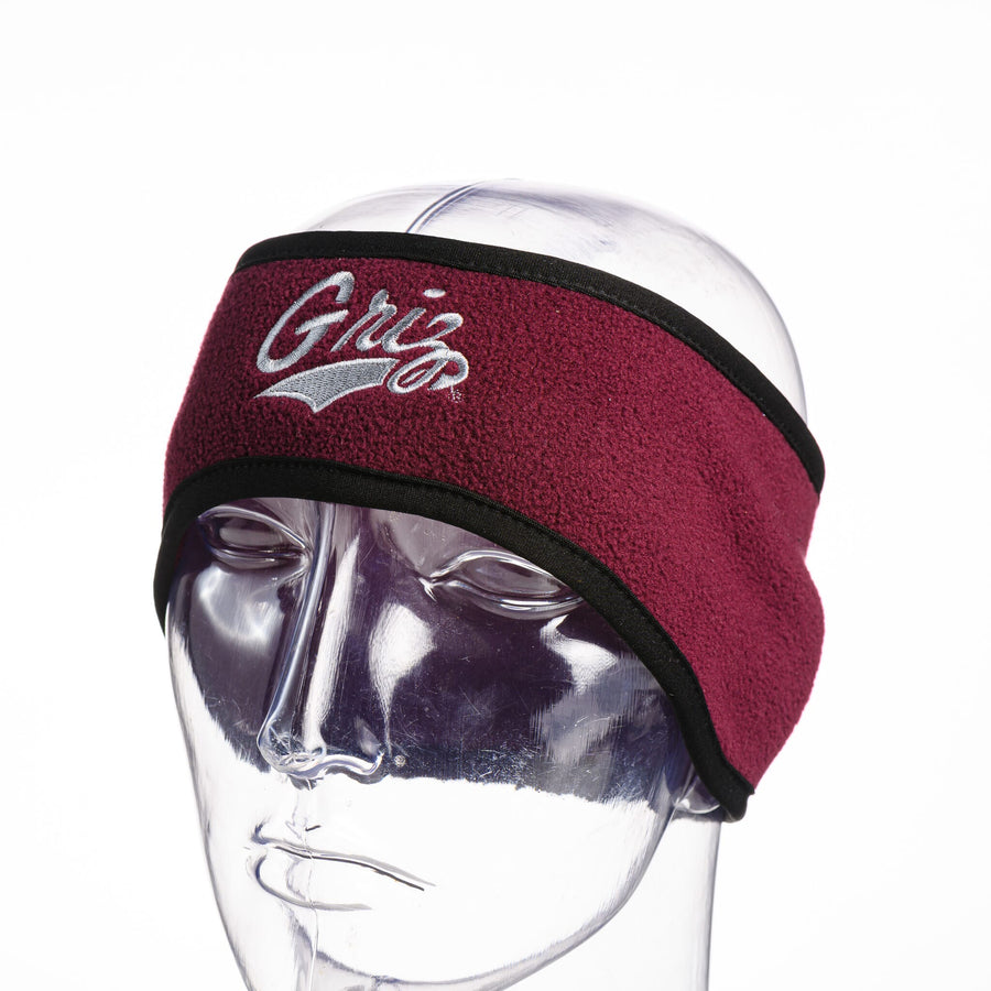 Blue Peak Creative's maroon and black fleece headband embroidered with silver Griz Script