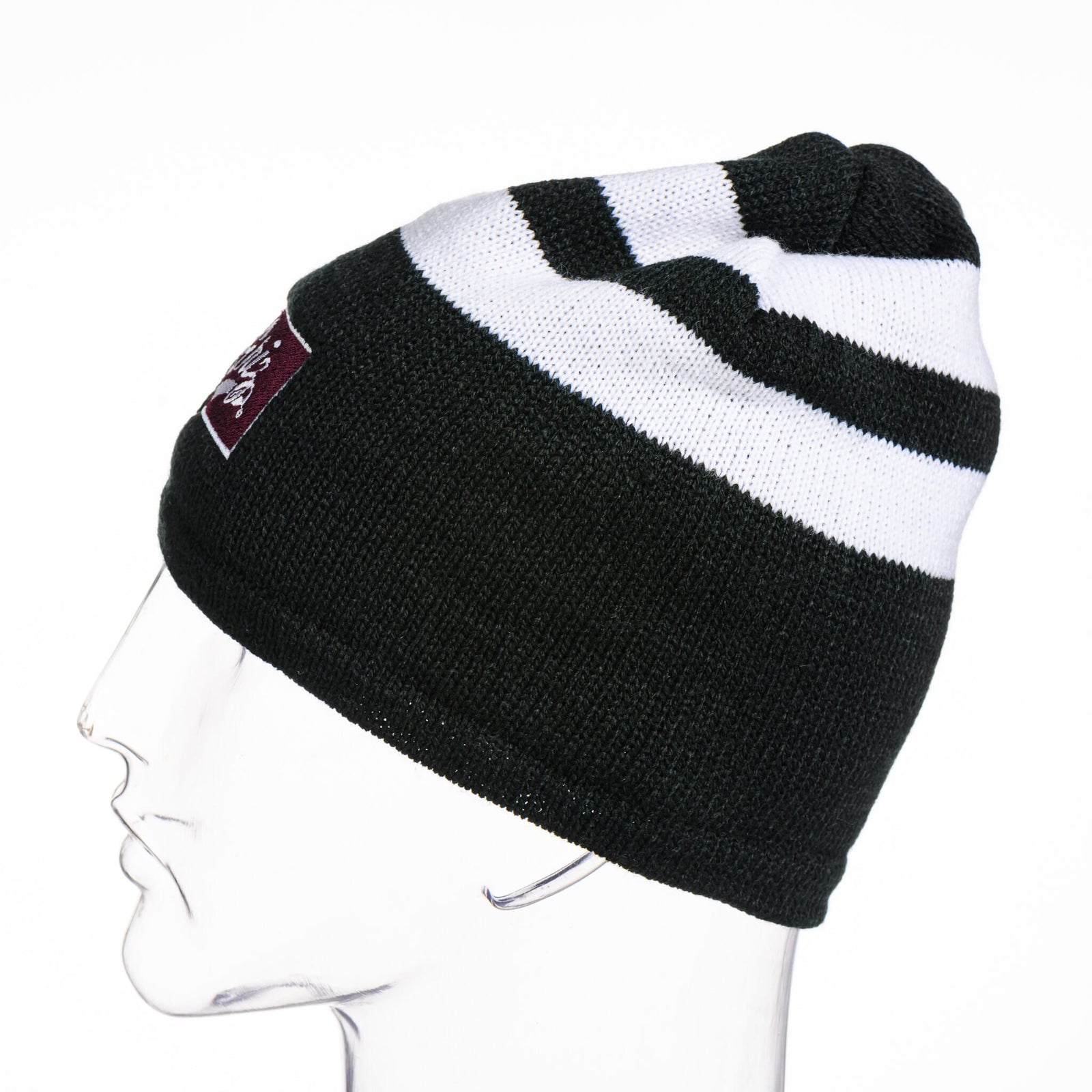 Blue Peaks Creative's Griz Script Montana Fleece-lined Striped Beanie, black and white, side