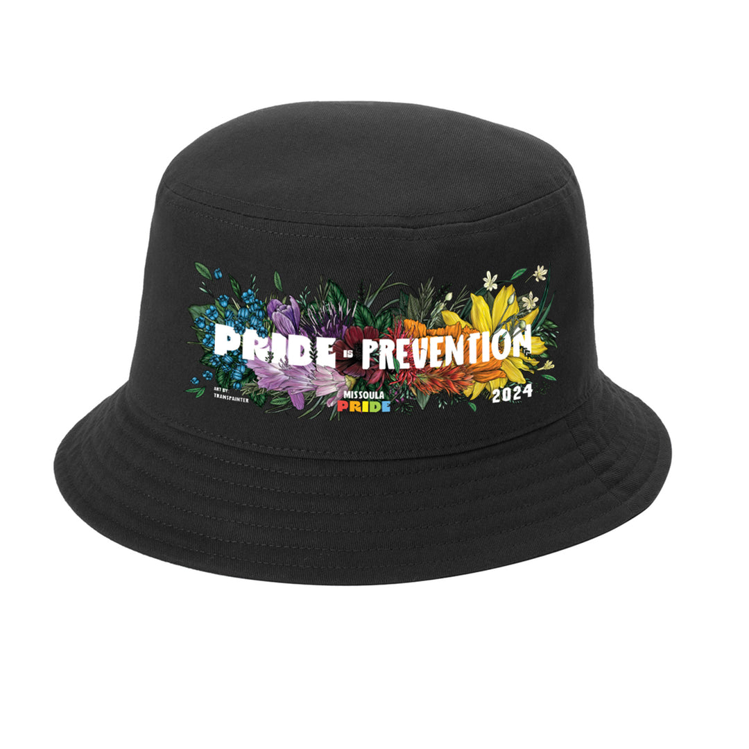 Black twill short brim bucket hat featuring the 2024 Missoula PRIDE design Pride is Prevention, front