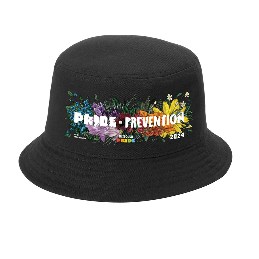 Black twill short brim bucket hat featuring the 2024 Missoula PRIDE design Pride is Prevention, front