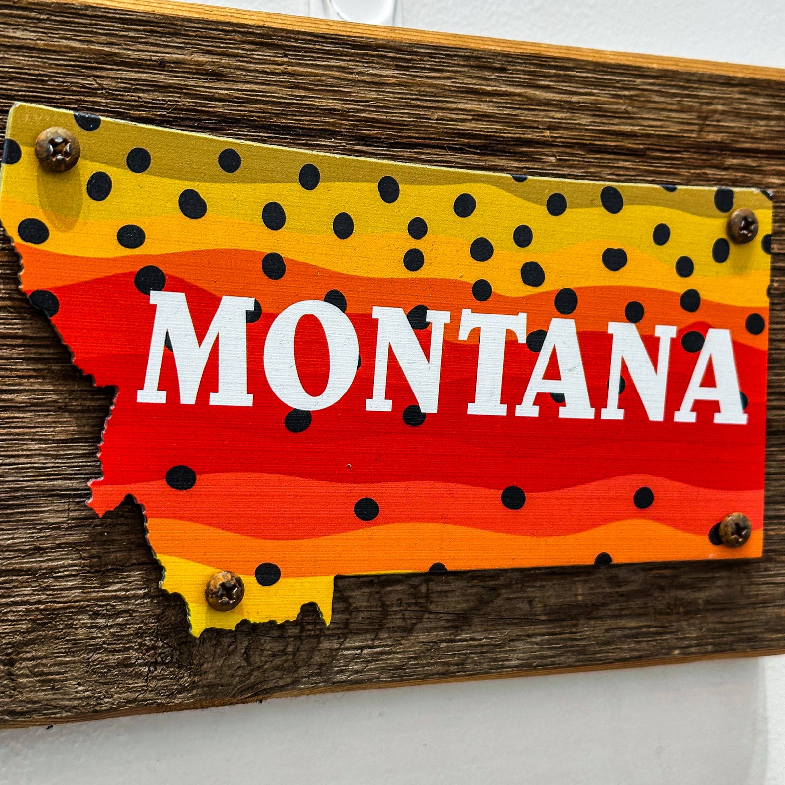 This Montana plaque features a metal Montana screwed to a wood plaque with a fish skin print and the word Montana.