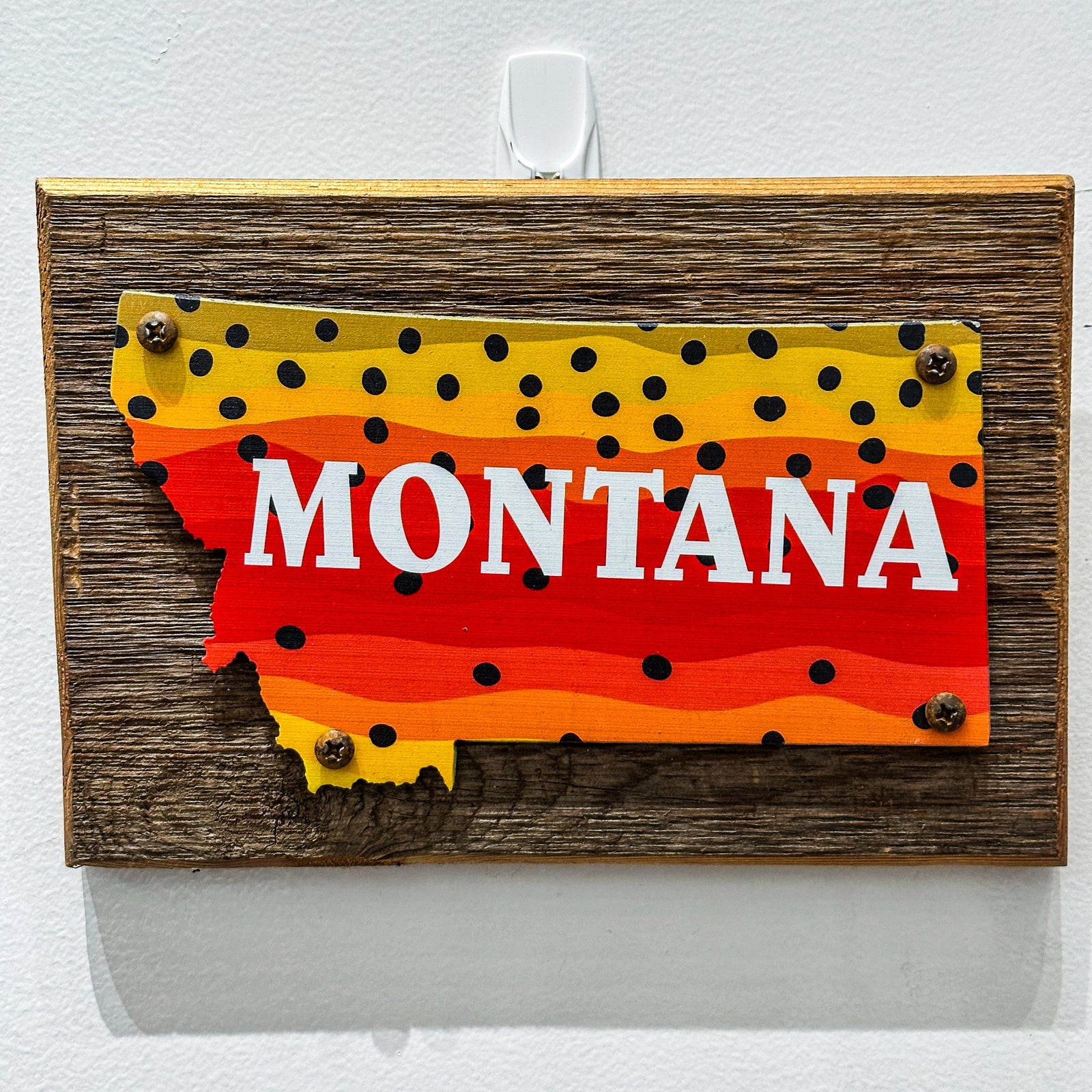 This Montana plaque features a metal Montana screwed to a wood plaque with a fish skin print and the word Montana.
