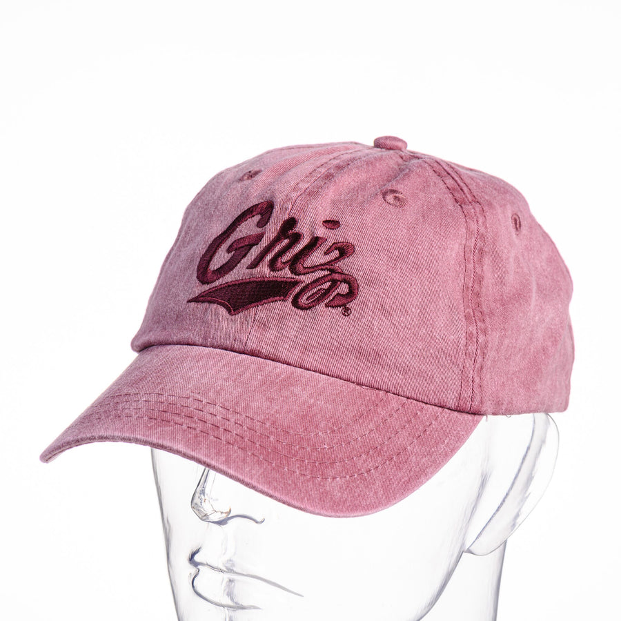 Blue Peaks Creative's garment washed maroon Unstructured Hat embroidered with the Griz Script in maroon, front