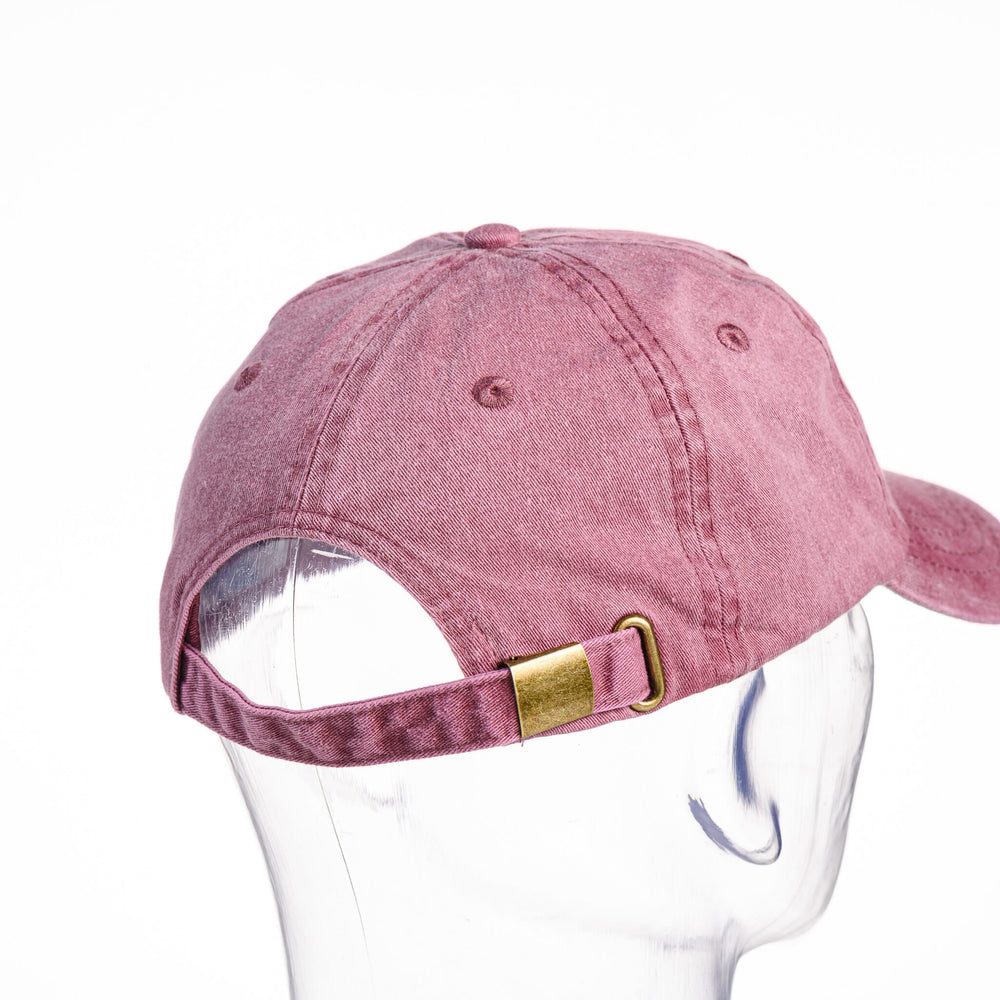 Blue Peaks Creative's garment washed maroon Unstructured Hat embroidered with the Griz Script in maroon, back