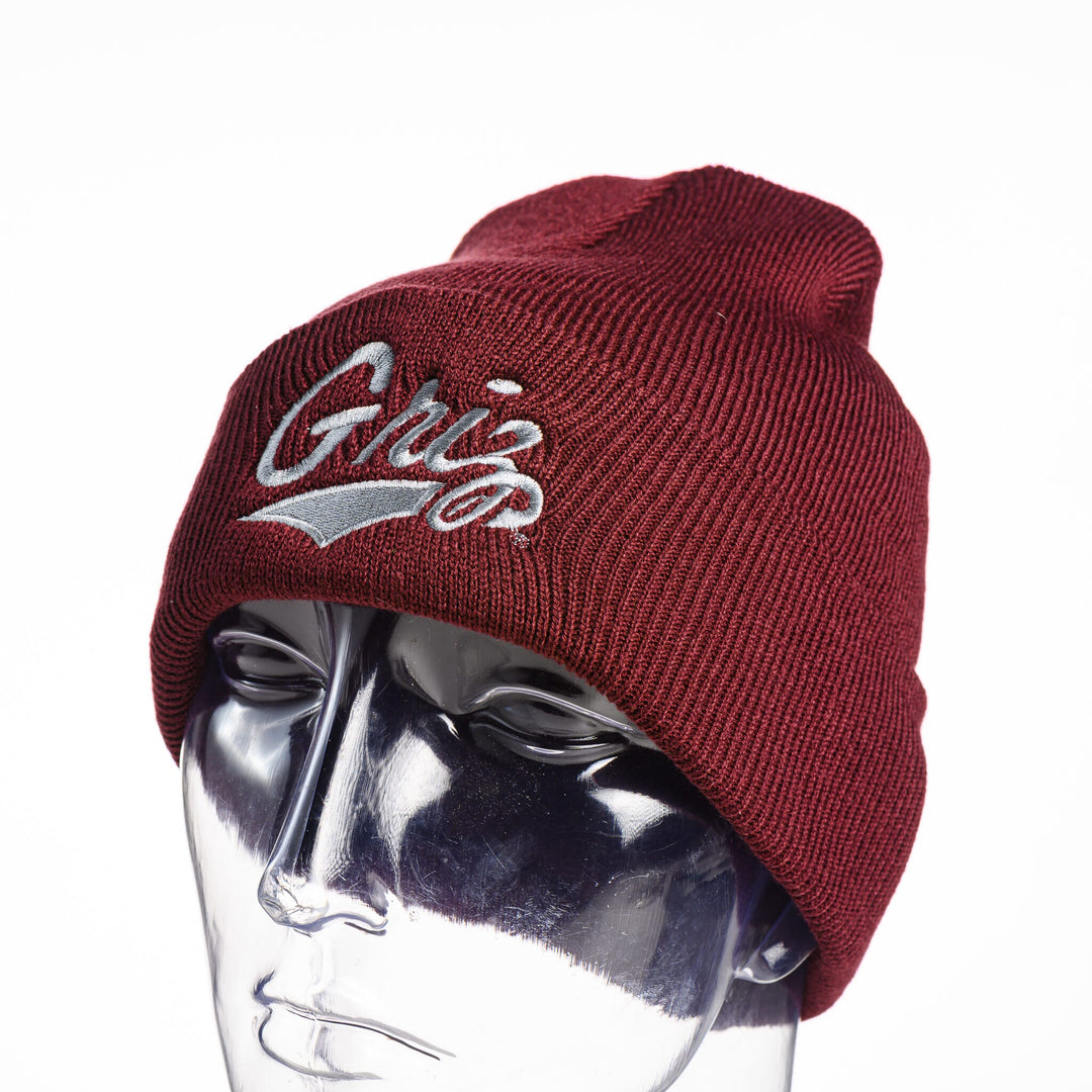 Blue Peaks Creative's maroon Knit Beanie embroidered with the Griz Script design in silver