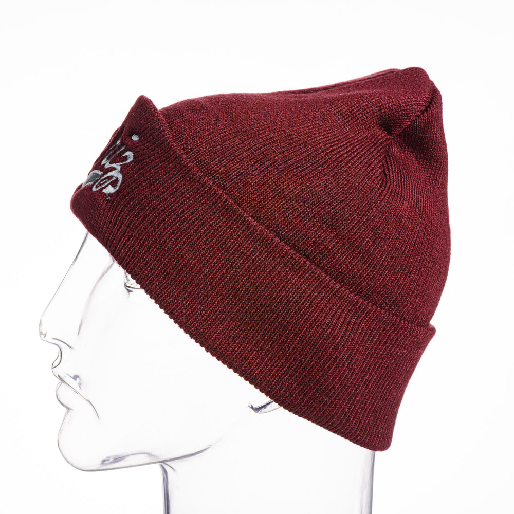 Blue Peaks Creative's maroon Knit Beanie embroidered with the Griz Script design in silver, side