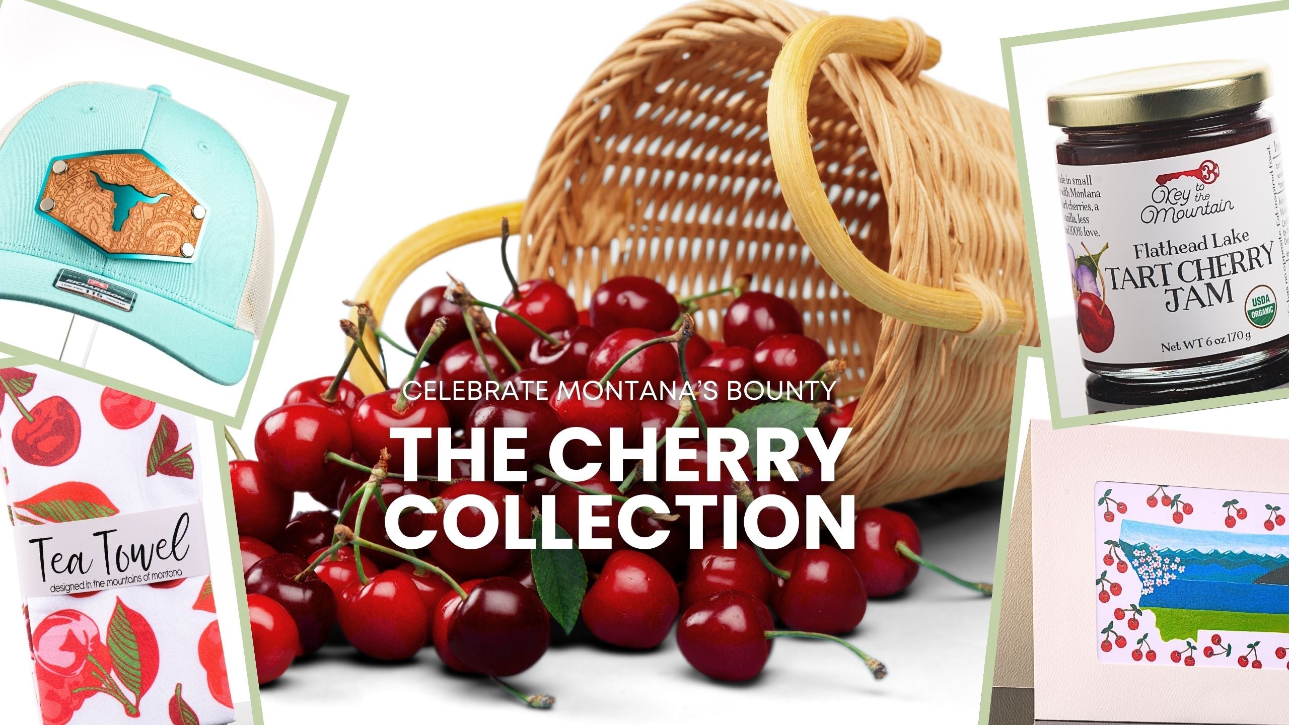 Collage of Montana-made cherry products available in the Cherry Collection, available on The Last Best Store website