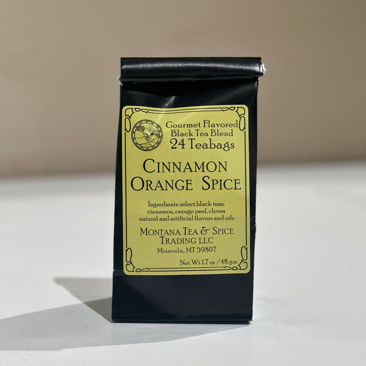 A black tea bag package labeled &