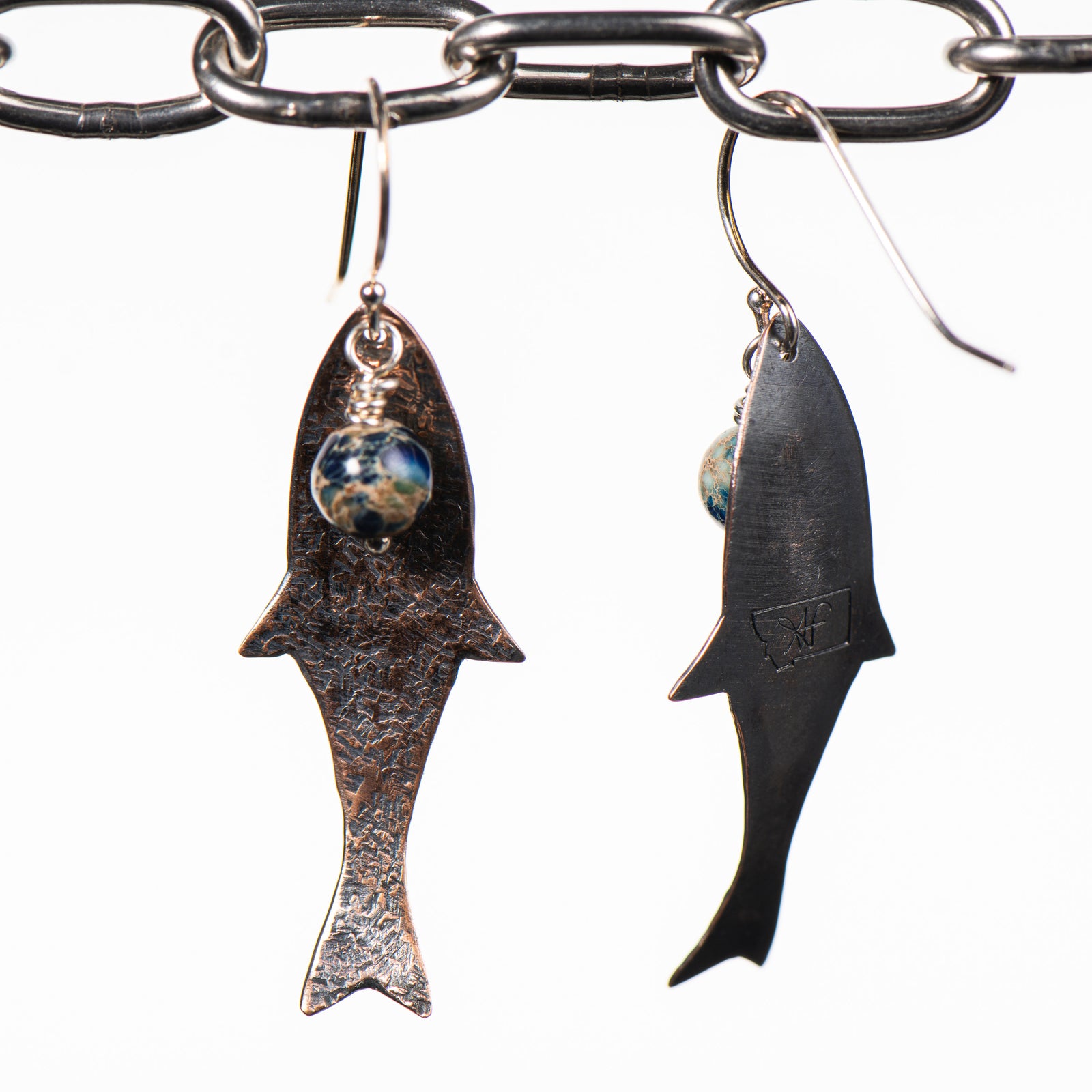 Cobblestone Design of Montana's Fish with Stone Earrings--fine metal (sterling silver and copper) fish and imperial jasper beads, handcrafted in Montana