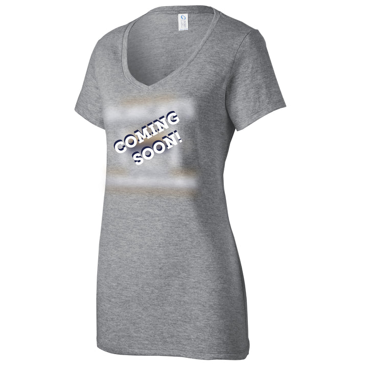 Gray vneck t-shirt with 'COMING SOON!' text on a white background for Montana State Cats Championship Tee