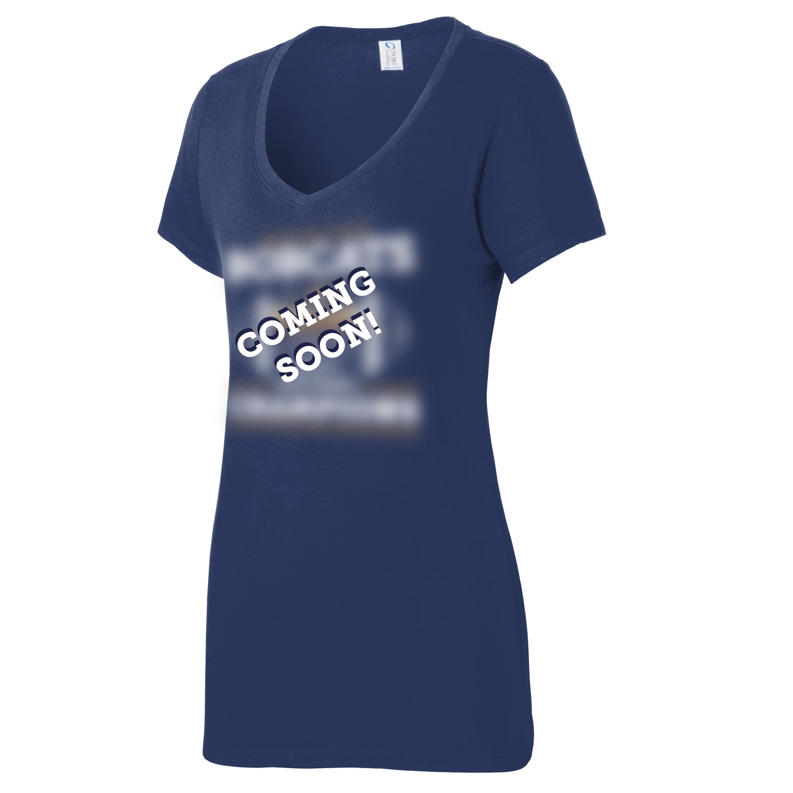 Navy vneck t-shirt with 'COMING SOON!' text on a white background for Montana State Cats Championship Tee