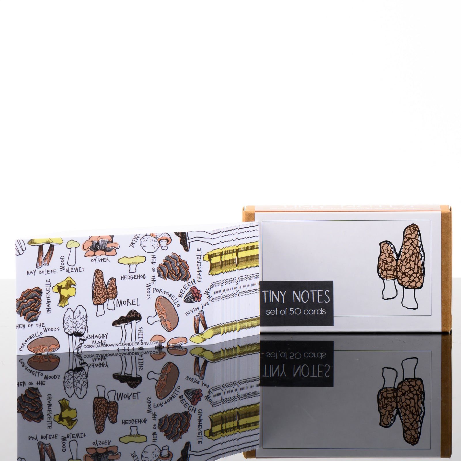 A 50 pack of tiny note cards with cute mushroom drawings, made in Montana by Corvidae.