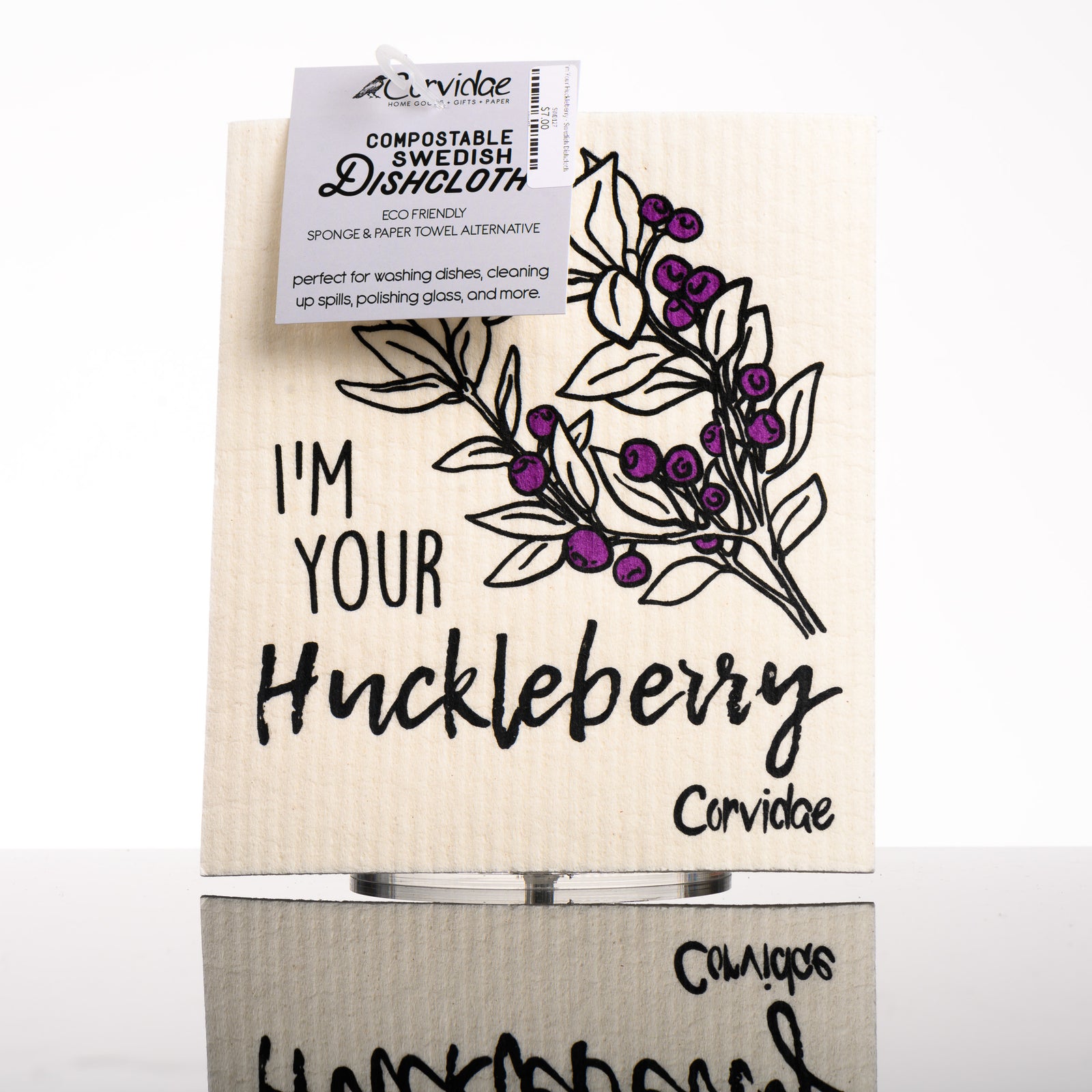 Rectangular Swedish Dishcloth depicting huckleberry branches with berries and text, “I’m your huckleberry” - eco friendly sponge and paper towel alternative made in Montana by Corvidae