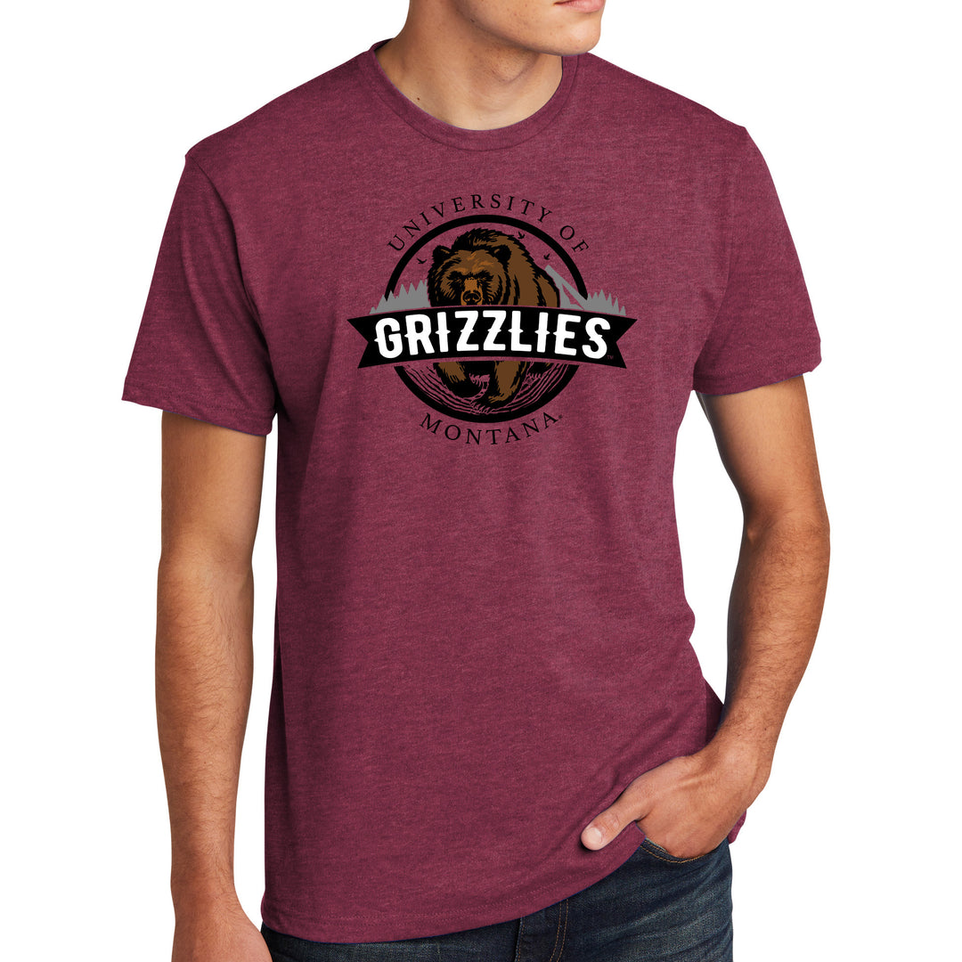 Blue Peaks Creative's maroon Tri-blend T-shirt with the University of Montana Grizzlies Bear Emblem design in black, white, grey, and brown