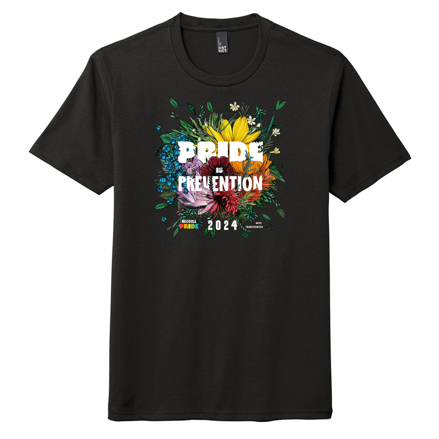 Black all-gender / unisex t-shirt featuring the 2024 Missoula PRIDE design Pride is Prevention, front