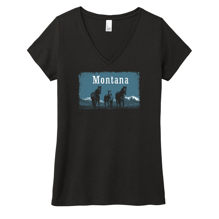 Black Ladies' Tri V-Neck T-shirt printed with the Wild Horses Montana design, by Blue Peak Creative