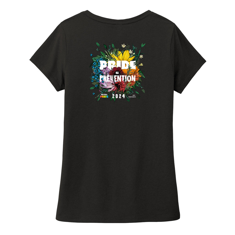 Black femmes/ ladies' tri v-neck t-shirt featuring the Missoula PRIDE logo on the front and the 2024 Missoula PRIDE design Pride is Prevention on the back, back