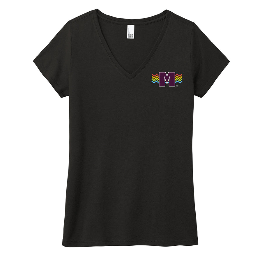 Black femmes/ ladies' tri v-neck t-shirt featuring the Missoula PRIDE logo on the front and the 2024 Missoula PRIDE design Pride is Prevention on the back, front